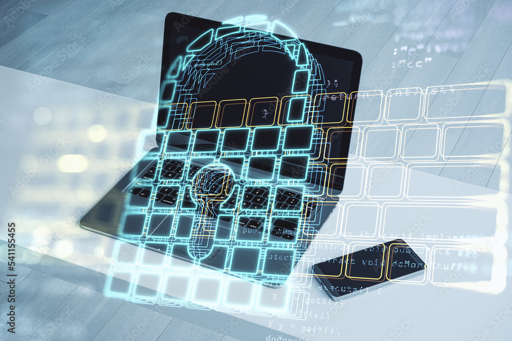 Aufkleber Close up of laptop computer on desktop with smartphone abstract glowing secure web keyboard safety and protection hologram on blurry background. Double exposure.