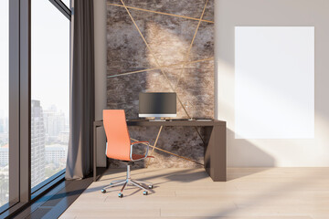 Modern stylish marble designer office interior with empty white mock up poster on wall, workplace, window and city view, computer monitor and curtain. 3D Rendering.