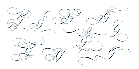 Set of beautiful calligraphic flourishes on capital letter G isolated on white background for decorating text and calligraphy on postcards or greetings cards. Vector illustration.