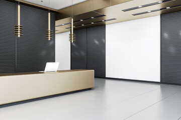 Perspective view on stylish reception area in spacious office with black slatted and white walls, golden decorated ceiling and light grey floor. 3D rendering