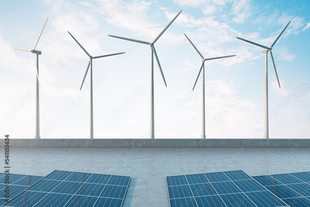 Poster renewable energy and eco concept with front view on wind farm and photovoltaic panels on blue sky ba