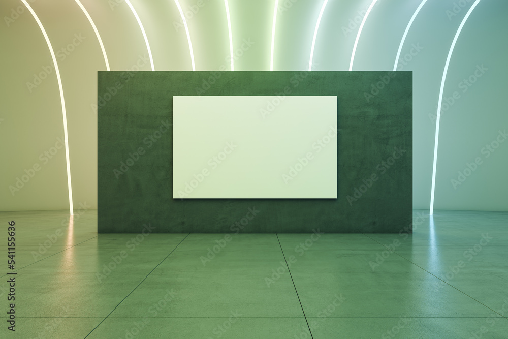 Poster Front view on blank white poster with place for your logo or text on dark partition in abstract hall area with concrete floor and colorful lamps on background. 3D rendering, mock up