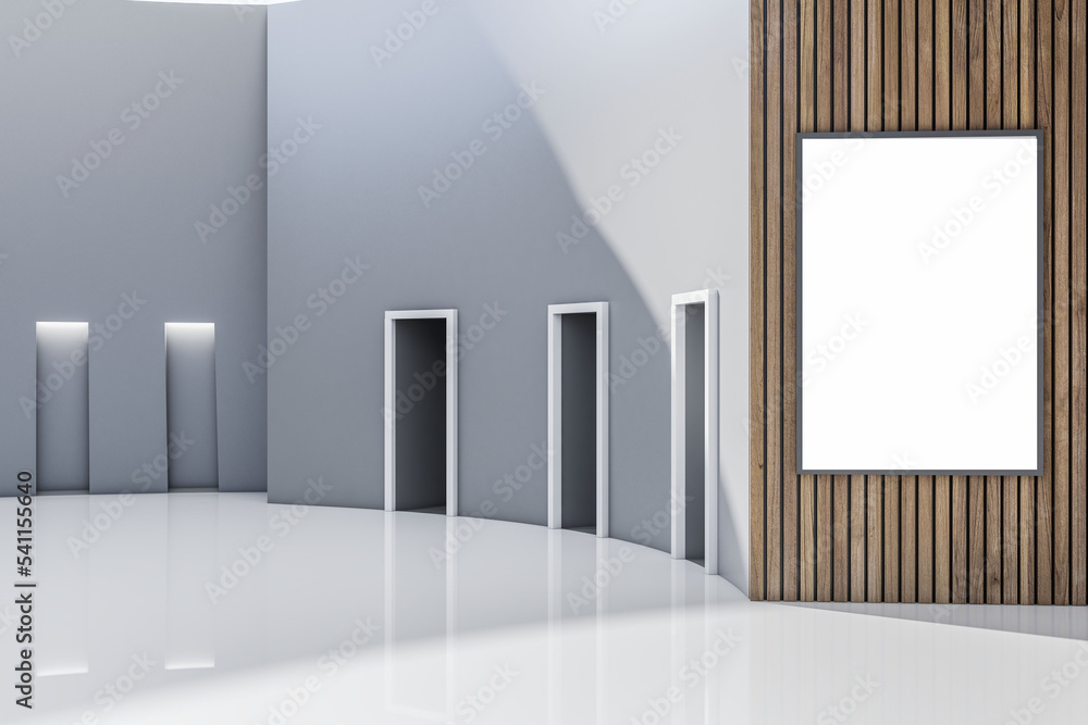 Poster modern spacious gallery interior with blank white mock up frame, reflections and wooden details. sho