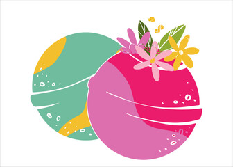 Fragrant effervescent bath bombs. Cosmetic bubbling bath ball. Bath bomb with flowers. Home care. Vector illustration.