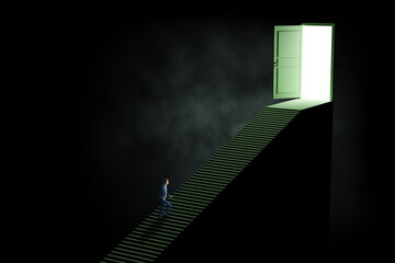 Abstract smoky dark background with businessman climbing stairs to open bright light door. Hard road to success concept.