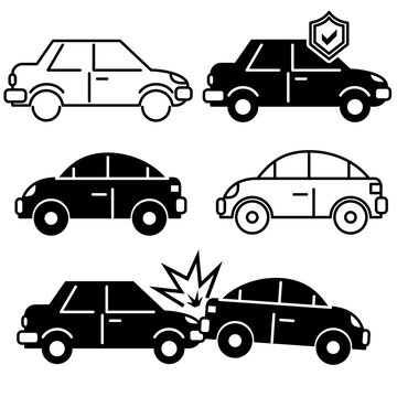 Car silhouette and Line icon set on white background. Vehicle vector icon set, view from side, and front. 