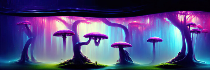 Alien fantasy landscape of a magical world with bizarre plants. Surreal panoramic background. Digital illustration.