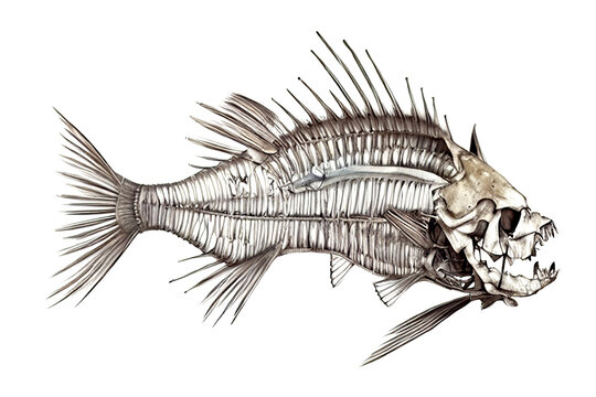 Fantastic fish skeleton. Digital illustration. Isolated on white background.