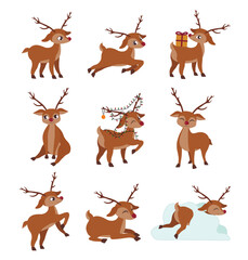 Set of cute Christmas reindeer on white background © Pixel-Shot