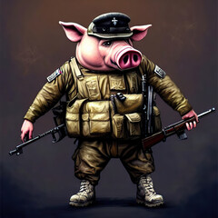 Naklejka premium Anthropomorphic pig soldier with weapon. Digital illustration. Concept art.