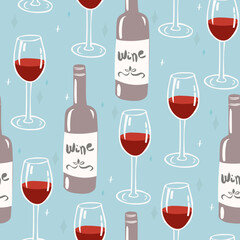 Wine glass and bottle seamless pattern. Alcohol background wallpaper. Perfect for creating fabrics, textiles, wrapping paper, and packaging. - 541156292