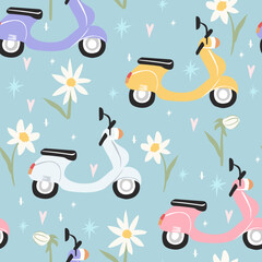 Vespa scooter seamless pattern. Cute background wallpaper with daisy flowers. Perfect for creating fabrics, textiles, wrapping paper, and packaging.