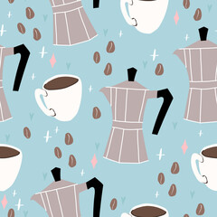 Moka pot seamless pattern. Morning coffee cup backgorund. Coffee beans. Perfect for creating fabrics, textiles, wrapping paper, and packaging.