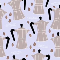 Moka pot seamless pattern. Morning coffee backgorund.