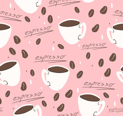Coffee cup and beans seamless pattern. Morning coffee background. Perfect for creating fabrics, textiles, wrapping paper, and packaging.