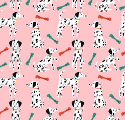 Dalmatian dog and toys. Cute puppy play. Perfect for creating fabrics, textiles, wrapping paper, and packaging.