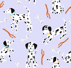 Cute Dalmatian seamless pattern. Background with a playful puppy. Perfect for creating fabrics, textiles, wrapping paper, and packaging.