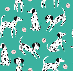 Dalmatian dogs play with ball seamless  pattern. Perfect for creating fabrics, textiles, wrapping paper, and packaging - 541156497
