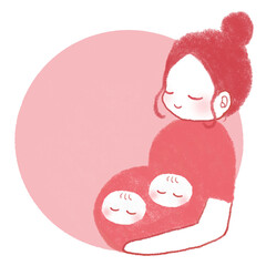 妊婦と双子の赤ちゃんのかわいいイラスト素材　コピースペースあり