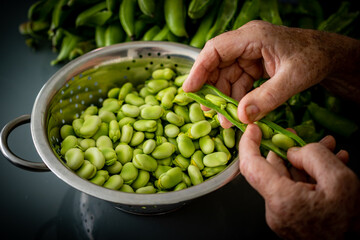 Homme &eacute;cossant des f&egrave;ves