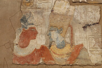 Well-preserved colors on the wall reliefs at Satet temple in Aswan 