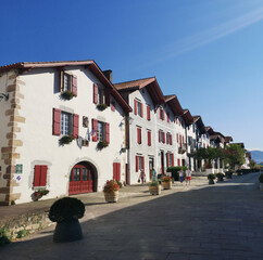 Fototapeta na wymiar French houses in the town of Ainhoa, in the French Basque country, near the border with Navarra,