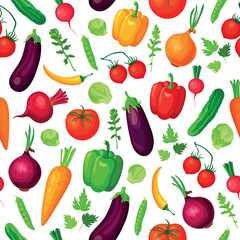 Pattern with vegetables in cartoon style. Vector illustration of seamless background with eggplant, beetroot, cabbage, tomato, pepper, chili, peas, cucumber, carrot, onion, radish on white background.