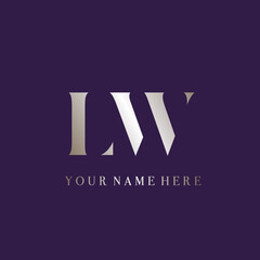 LW monogram logo.Letter l, letter w typographic signature icon.Serif uppercase characters.Lettering sign isolated on dark fund.Luxury fashion, beauty alphabet initials.Elegant gold color.