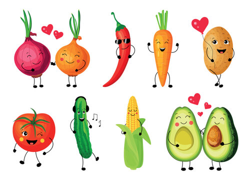 Set of characters vegetables in cartoon style. Vector illustration of different vegetables love onion, avocado, potato, lucky carrot, tomato, singing cucumber, sleeping corn, hard chili.