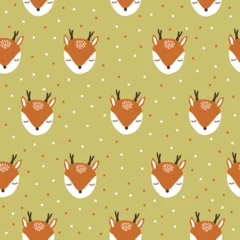 Meubelstickers Seamless pattern. cute deer faces and dots on a gold background. vector texture. fashionable print for textiles, wallpaper and packaging. © Алена Шенбель