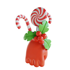 3d illustration holly and candy Christmas ornament gloves