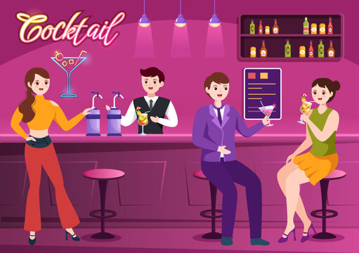 Cocktail Bar or Nightclub with Friends Hanging Out with Alcoholic Fruit Juice Drinks or Cocktails on Flat Hand Drawn Cartoon Template Illustration