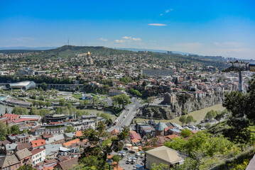 Fototapeta na wymiar Tbilisi, Georgia-April 28, 2019: beautiful bird's-eye view of the Central part of Tbilisi.