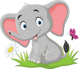 Obraz premium Cartoon baby elephant with butterfly in the grass