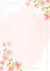 watercolor pink Bougainvillea with golden frame for wedding or birthday invitation card
