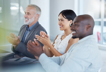 Business, presentation and success celebration of a corporate team clapping in a meeting. Business meeting, teamwork and target goal completion of a working office group support with diversity