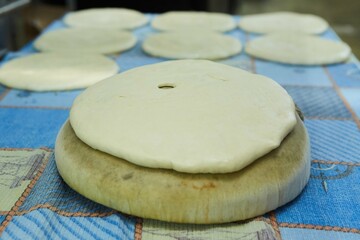 Dough for making bread. Production of bakery products at the factory.