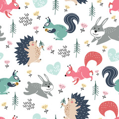 Hedgehog, squirrel, hare and coniferous trees. Forest animals. Childish seamless pattern.