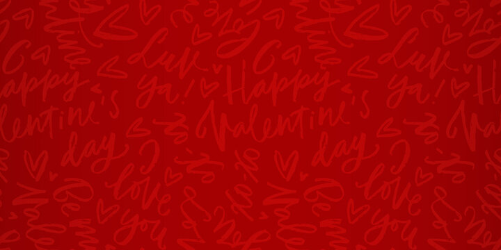 Happy Valentine's day red background with script love messages. Low contrast seamless pattern with gradient overlay. 
