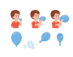 Little boy inflates balloon, rubber balloon blowing process - flat vector illustration isolated on white background. © sabelskaya