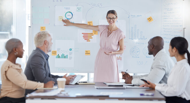 Business woman, speaker or office training on infographic paper, chart documents or whiteboard graph in global presentation. Manager, ceo or leadership startup workshop for teamwork diversity meeting