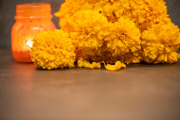 on a dark background, orange flowers - marigolds and a burning candle in an orange pot, space for text below