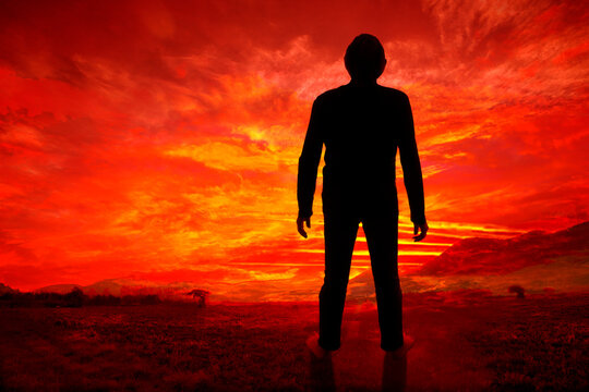 Man looking at the end of the world, conceptual illustration