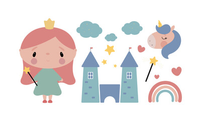 Obraz na płótnie Canvas Princess set. Princess, unicorn, castle, magic wand, rainbow. Vector illustration on a white background. For card, posters, stickers, printing on the pack, printing on clothes, fabric.