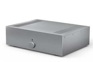 HiFi system with turntable and amplifier for home theater on white background.