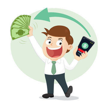 Businessman earns from his mobile phone, Make Money Online,illustrator vector cartoon drawing image painting