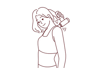 Young woman massage back with electric massager. Smiling girl relieve backache with electronic massaging device. Vector illustration.