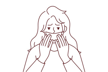 Scared young woman with tape on mouth suffer from speech censorship. Terrified female have freedom of speech limitation. Discrimination and harassment. Vector illustration.