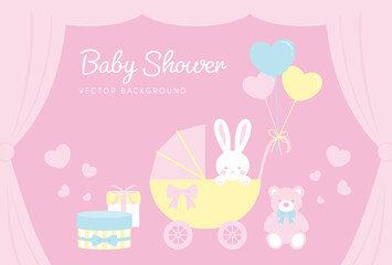 vector background with a stroller, rabbit, teddy bear, balloons, gift boxes for banners, baby shower cards, flyers, social media wallpapers, etc.