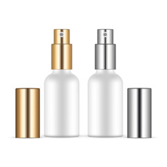 Two Small Perfume Bottles With Metal and Golden Caps, Isolated on White Background. Vector Illustration